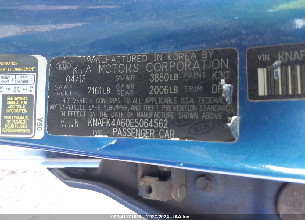 2014 KIA FORTE VIN: KNAFK4A60E5064562