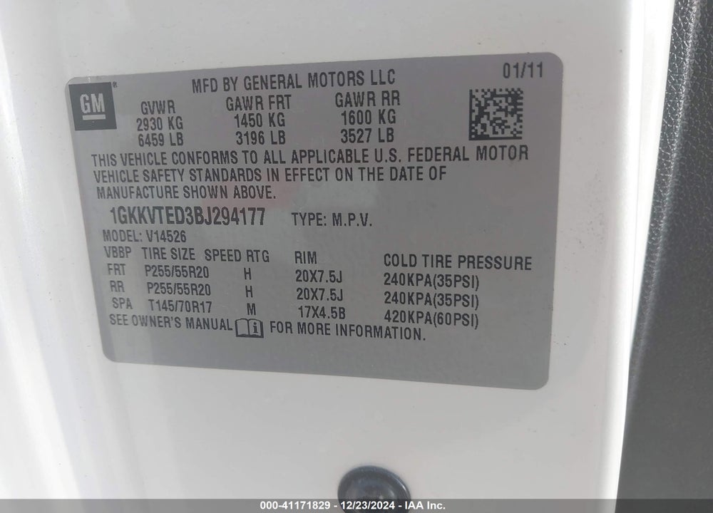 2011 GMC ACADIA DENALI VIN: 1GKKVTED3BJ294177
