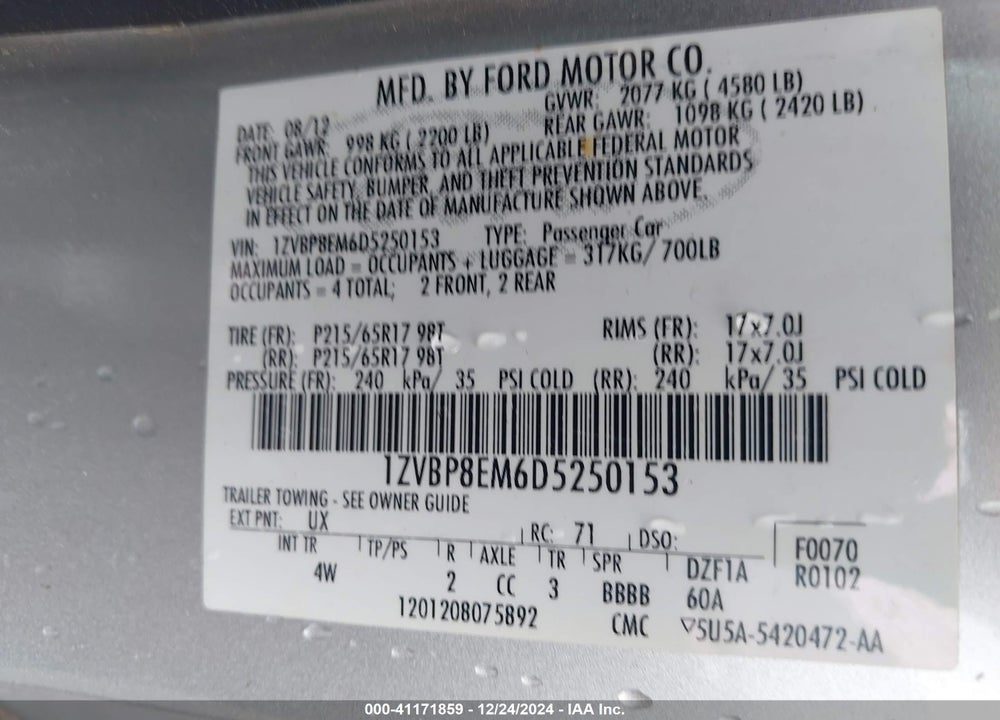 2013 FORD MUSTANG VIN: 1ZVBP8EM6D5250153