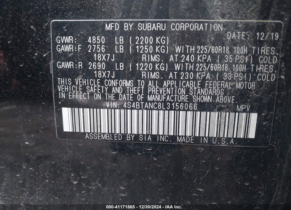 2020 SUBARU OUTBACK LIMITED VIN: 4S4BTANC8L3156066