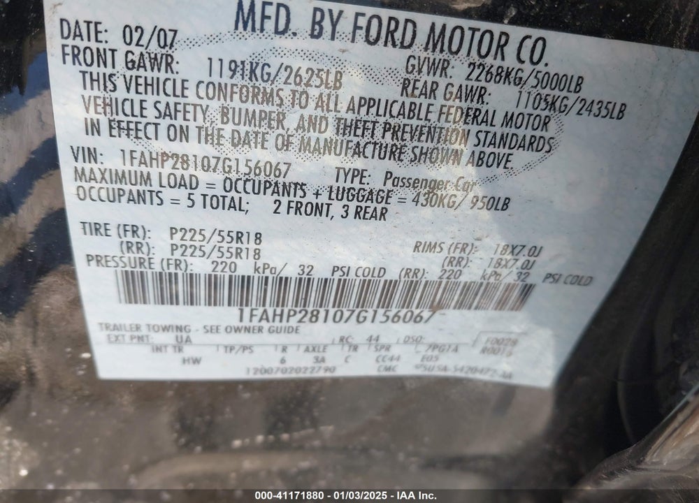 2007 FORD FIVE HUNDRED LIMITED VIN: 1FAHP28107G156067