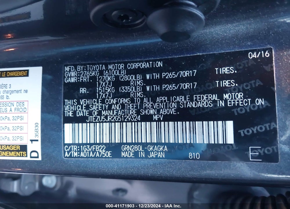 2016 TOYOTA 4RUNNER VIN: JTEZU5JR2G5129324