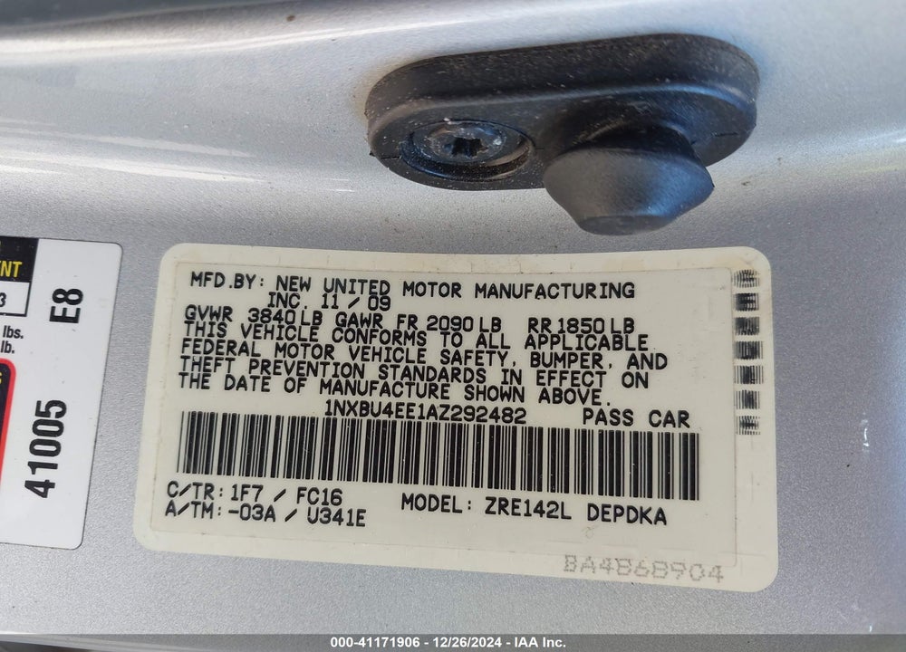 2010 TOYOTA COROLLA LE VIN: 1NXBU4EE1AZ292482