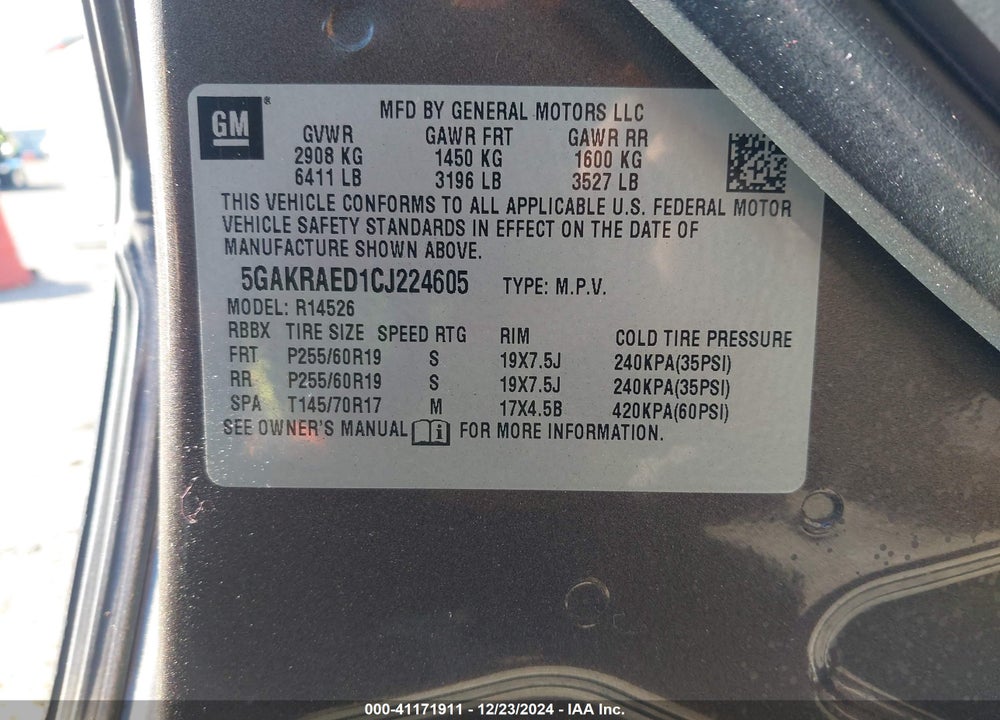 2012 BUICK ENCLAVE VIN: 5GAKRAED1CJ224605