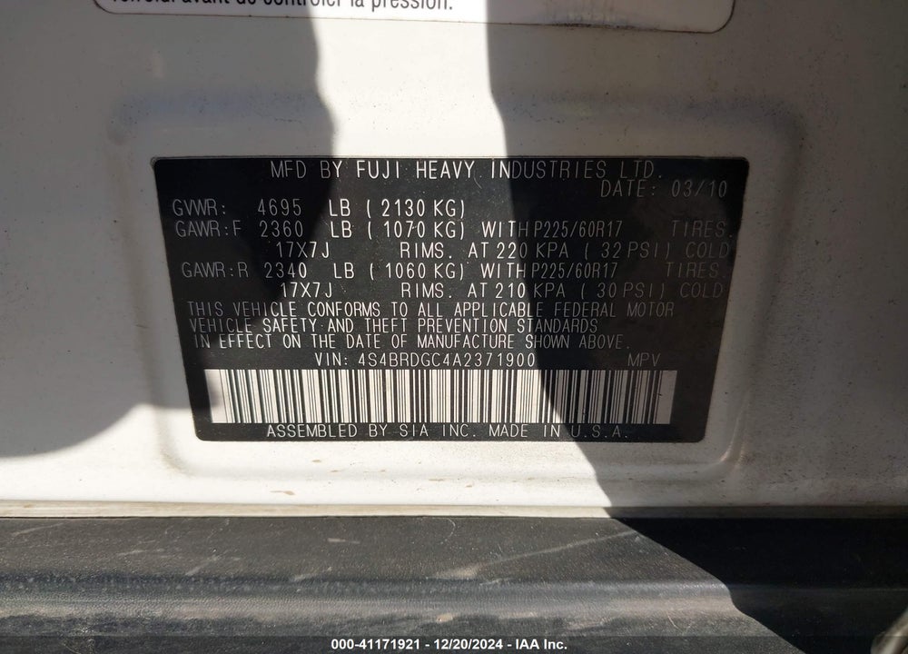 2010 SUBARU OUTBACK 3.6R PREMIUM VIN: 4S4BRDGC4A2371900