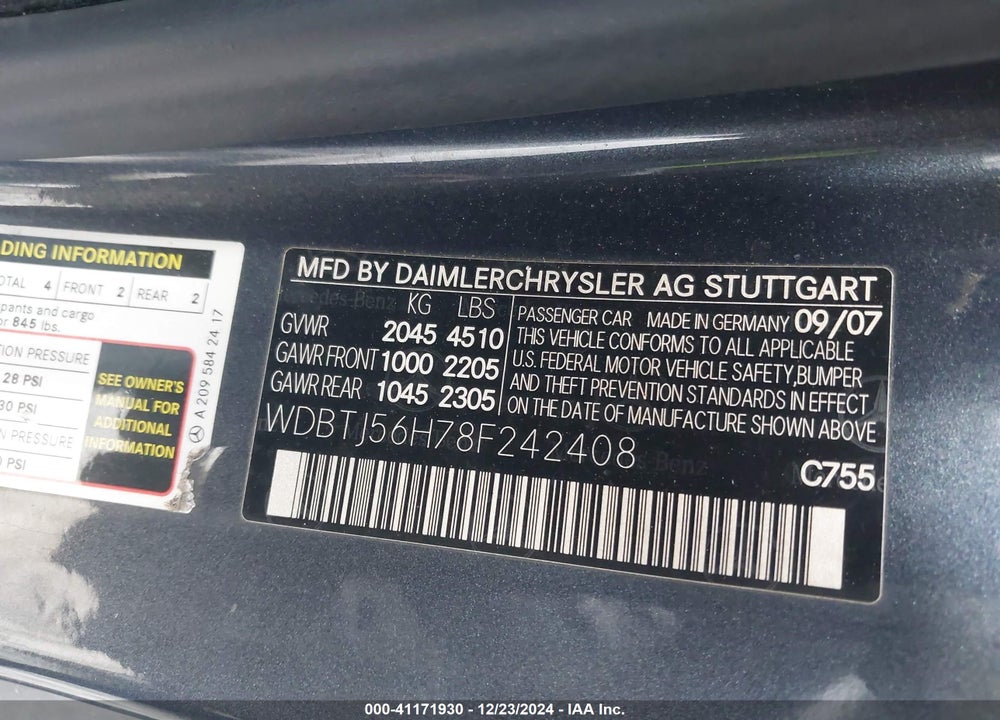 2008 MERCEDES-BENZ CLK 350 VIN: WDBTJ56H78F242408