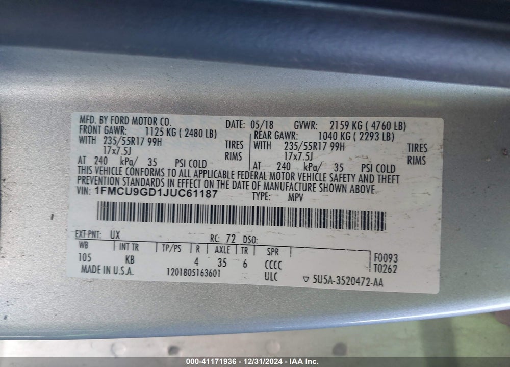 2018 FORD ESCAPE SE VIN: 1FMCU9GD1JUC61187