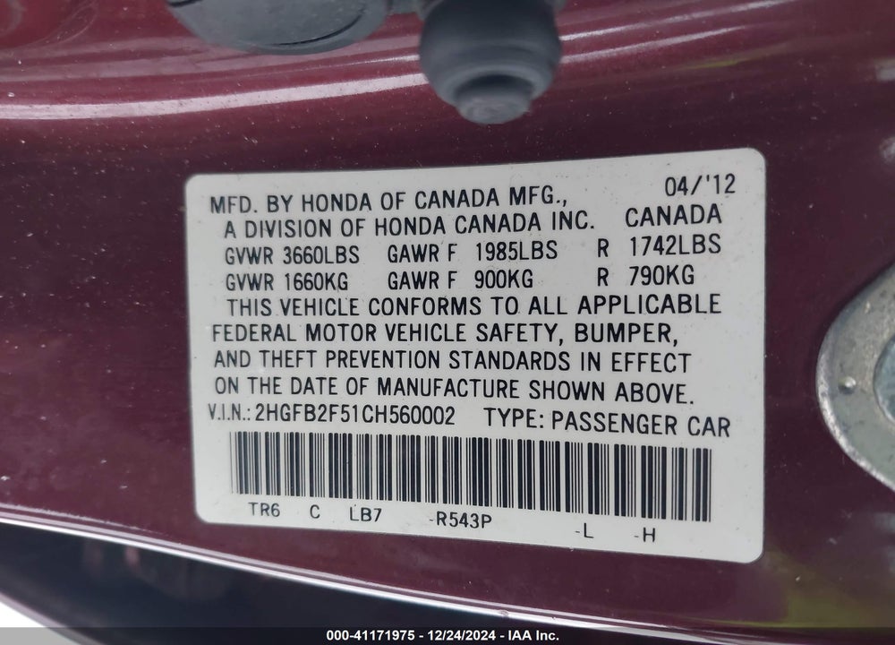 2012 HONDA CIVIC SDN LX VIN: 2HGFB2F51CH560002