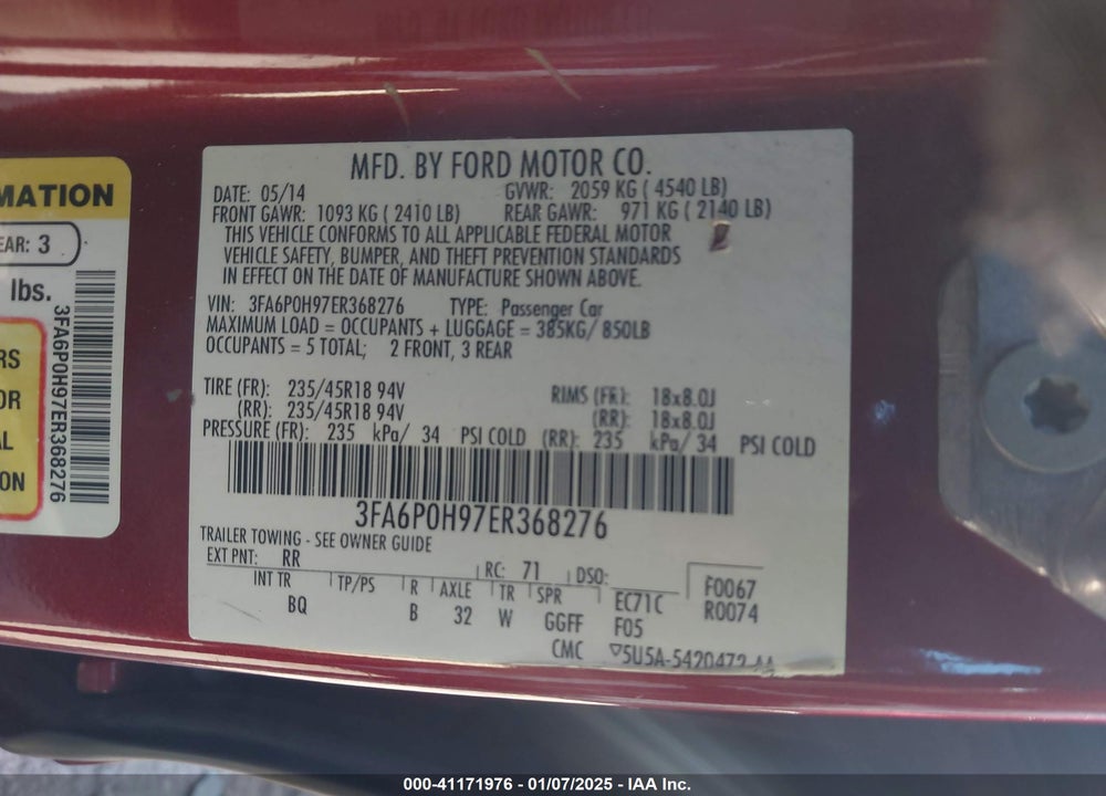 2014 FORD FUSION VIN: 3FA6P0H97ER368276
