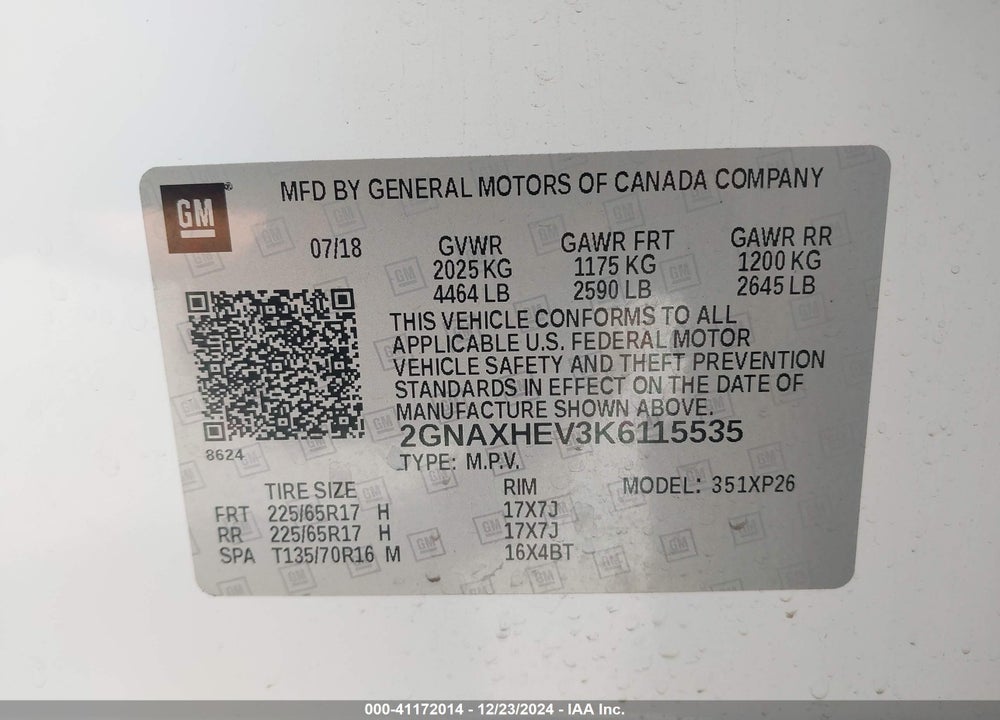 2019 CHEVROLET EQUINOX VIN: 2GNAXHEV3K6115535