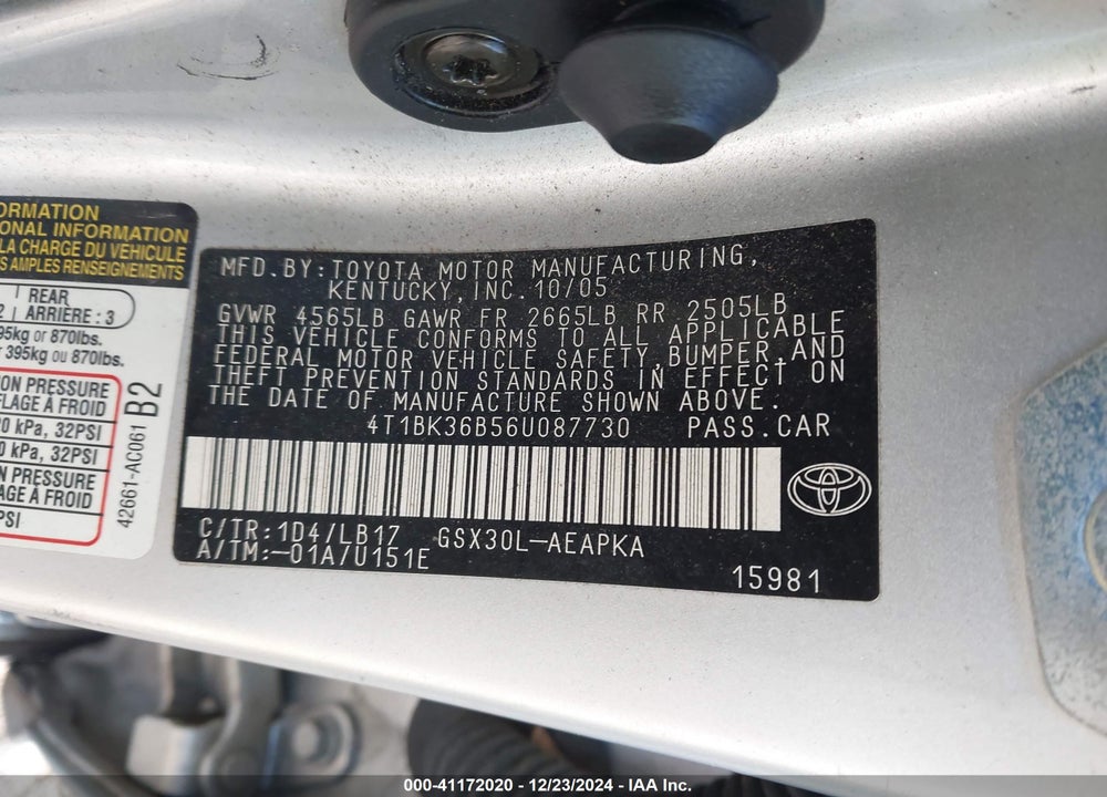 2006 TOYOTA AVALON VIN: 4T1BK36B56U087730