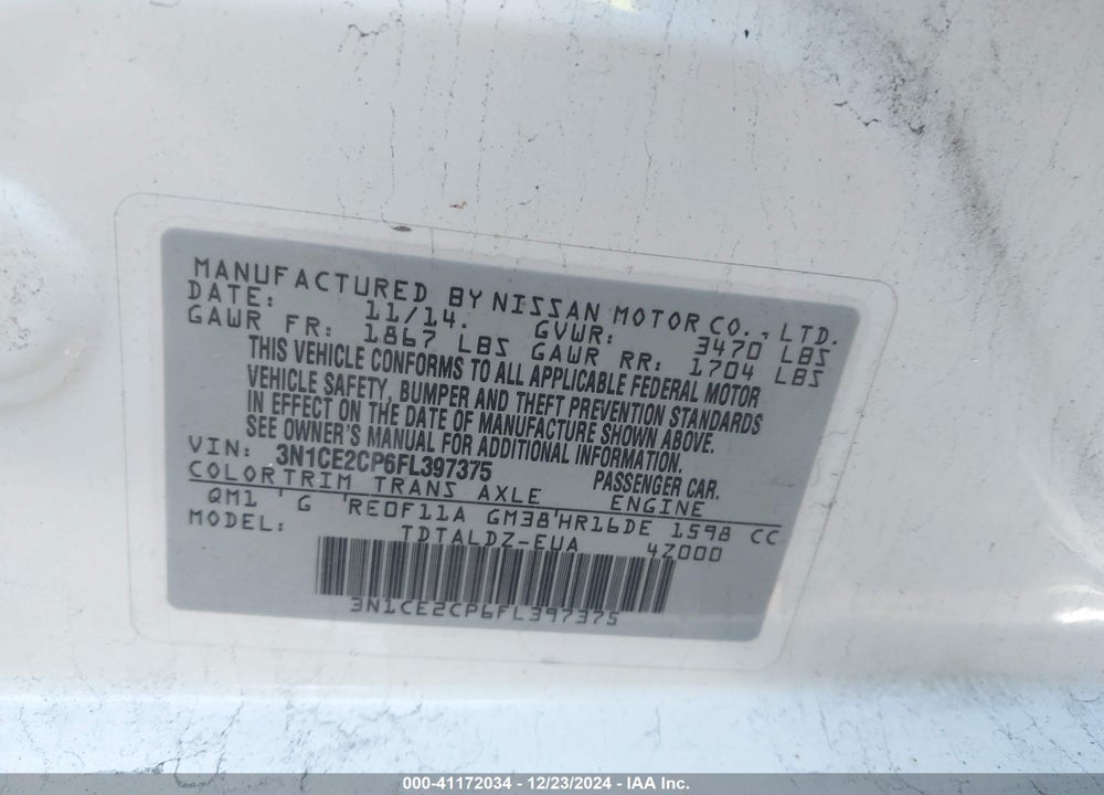 2015 NISSAN VERSA NOTE SV VIN: 3N1CE2CP6FL397375