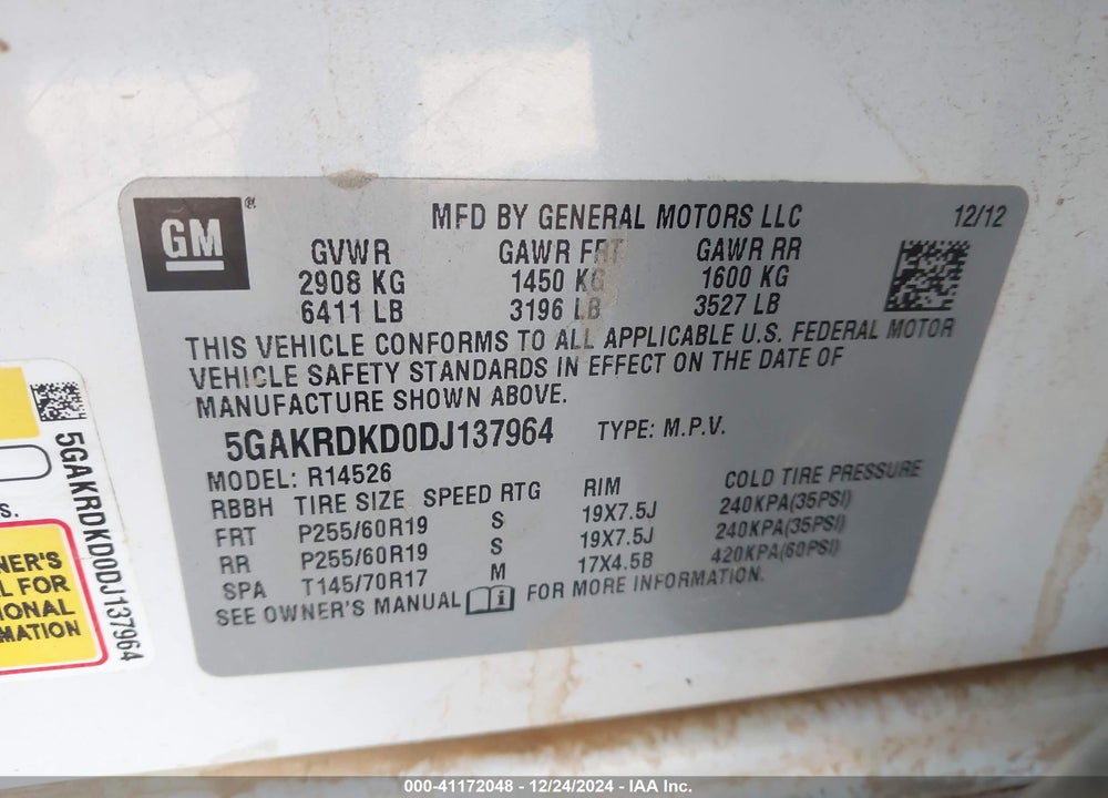2013 BUICK ENCLAVE PREMIUM VIN: 5GAKRDKD0DJ137964