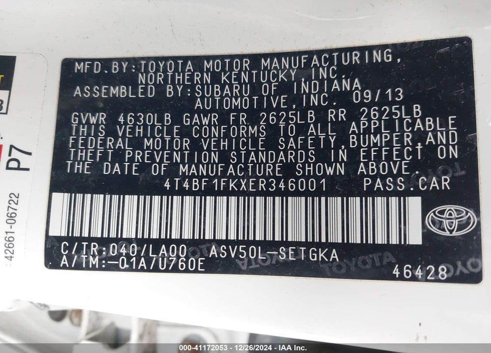 2014 TOYO CAMRY XLE AUTOMATIC VIN: 4T4BF1FKXER346001