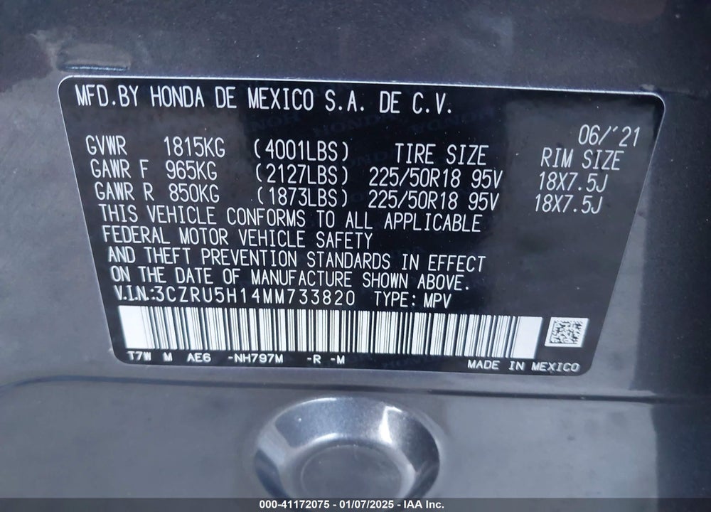 2021 HONDA HR-V 2WD SPORT VIN: 3CZRU5H14MM733820