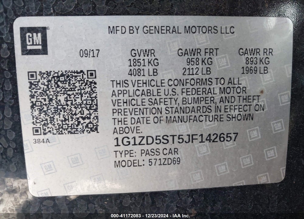2018 CHEVROLET MALIBU LT VIN: 1G1ZD5ST5JF142657