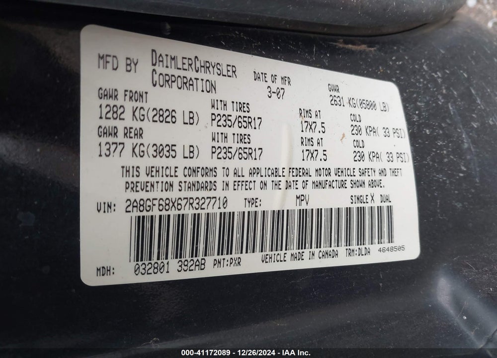 2007 CHRYSLER PACIFICA TOURING VIN: 2A8GF68X67R327710