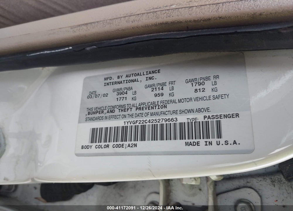 2002 MAZDA 626 LX VIN: 1YVGF22C425279663