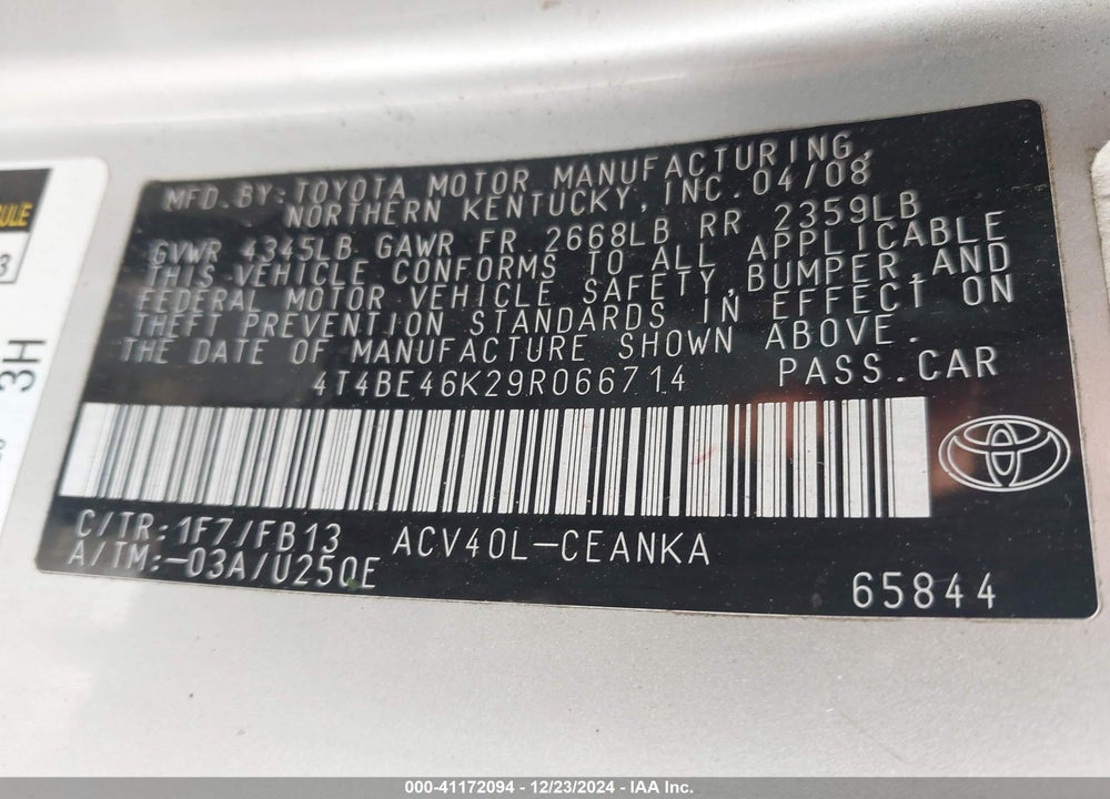 2009 TOYOTA CAMRY VIN: 4T4BE46K29R066714