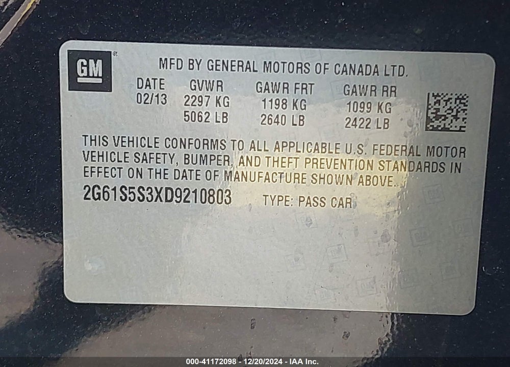 2013 CADILLAC XTS PREMIUM VIN: 2G61S5S3XD9210803