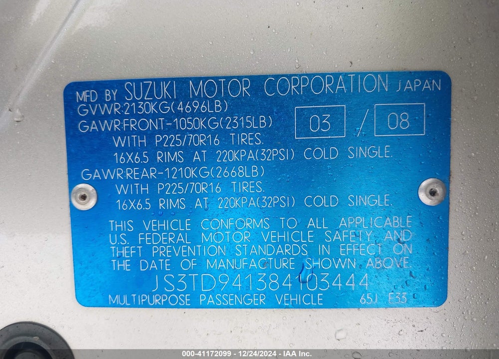 2008 SUZUKI GRAND VITARA VIN: JS3TD941384103444