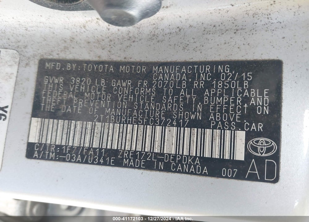 2015 TOYOTA COROLLA L VIN: 2T1BURHE5FC372417