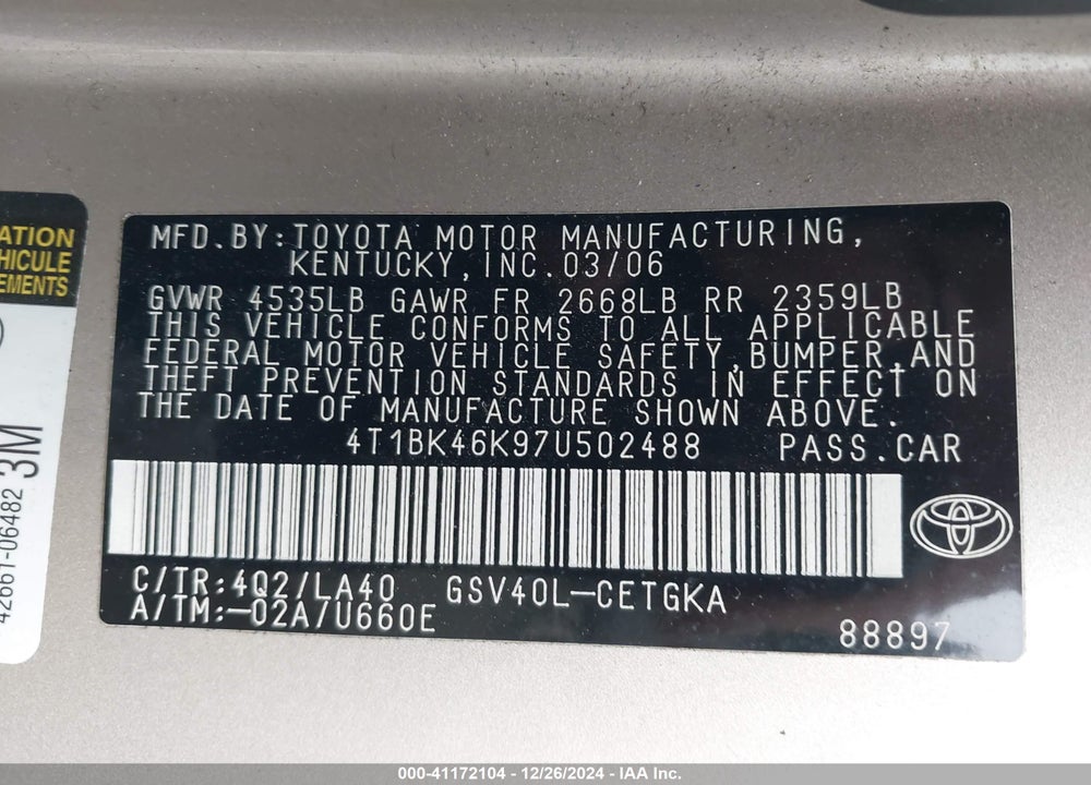 2007 TOYOTA CAMRY XLE V6 VIN: 4T1BK46K97U502488
