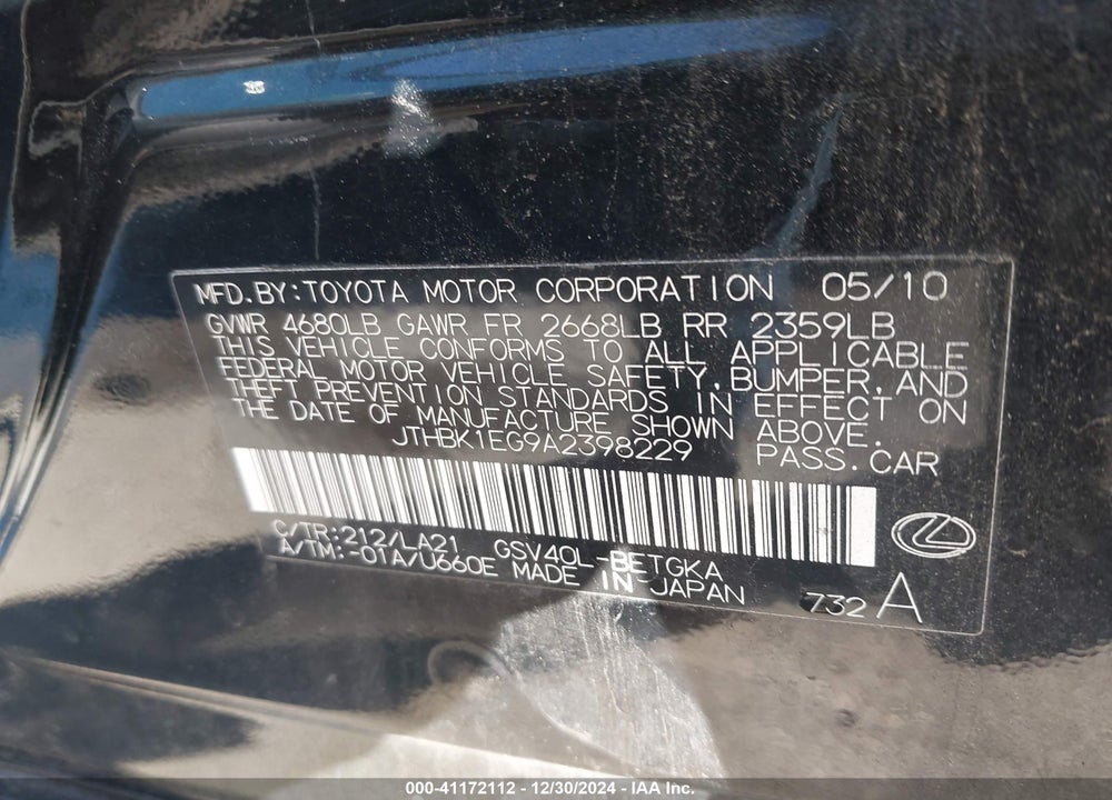 2010 LEXUS ES 350 BASE (A6) VIN: JTHBK1EG9A2398229