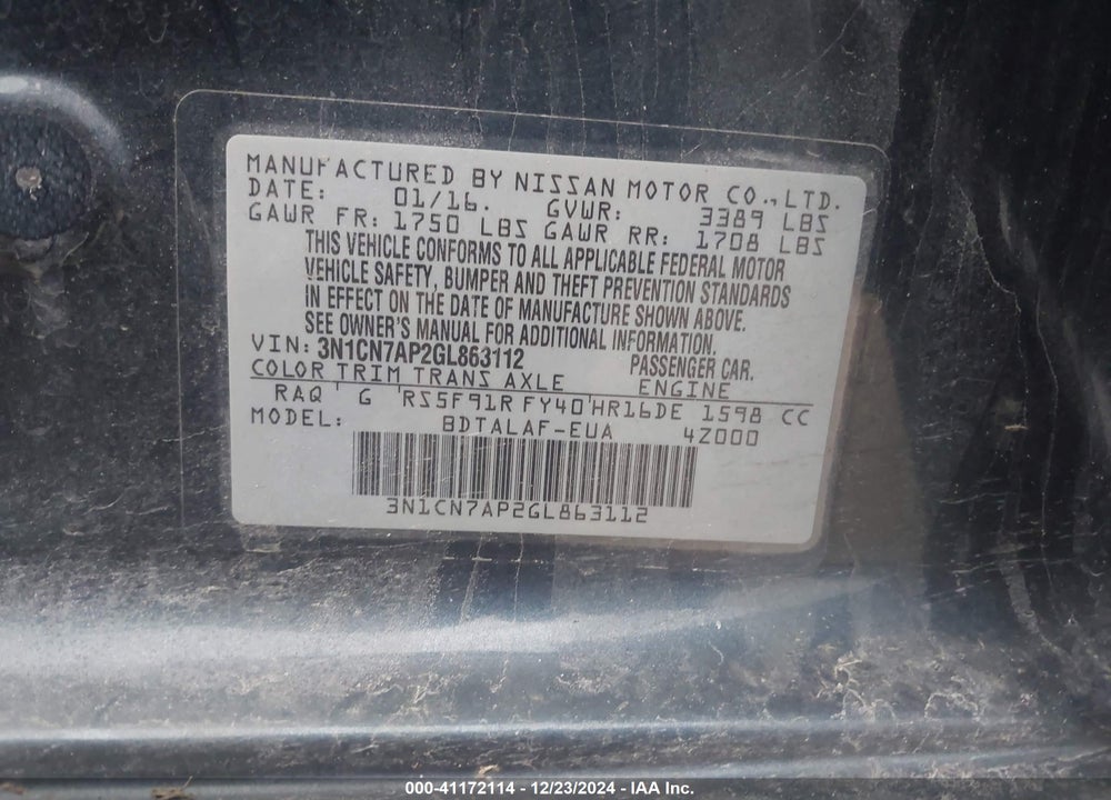 2016 NISSAN VERSA VIN: 3N1CN7AP2GL863112