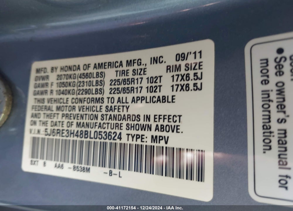 2011 HONDA CR-V SE VIN: 5J6RE3H48BL053624
