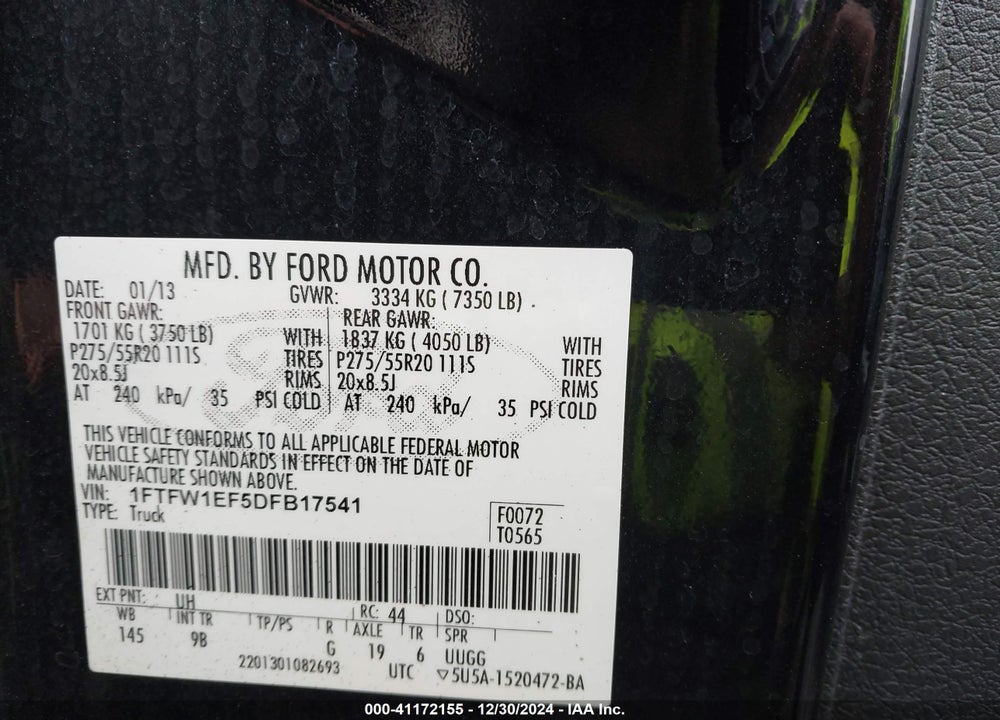 2013 FORD F-150 PLATINUM VIN: 1FTFW1EF5DFB17541