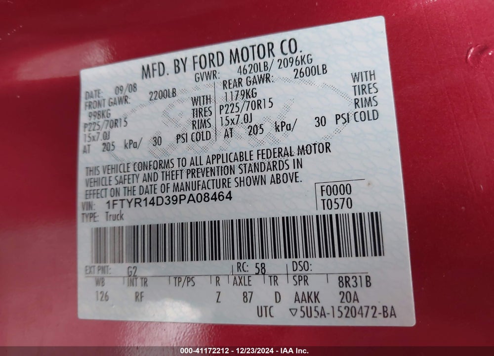 2009 FORD RANGER VIN: 1FTYR14D39PA08464