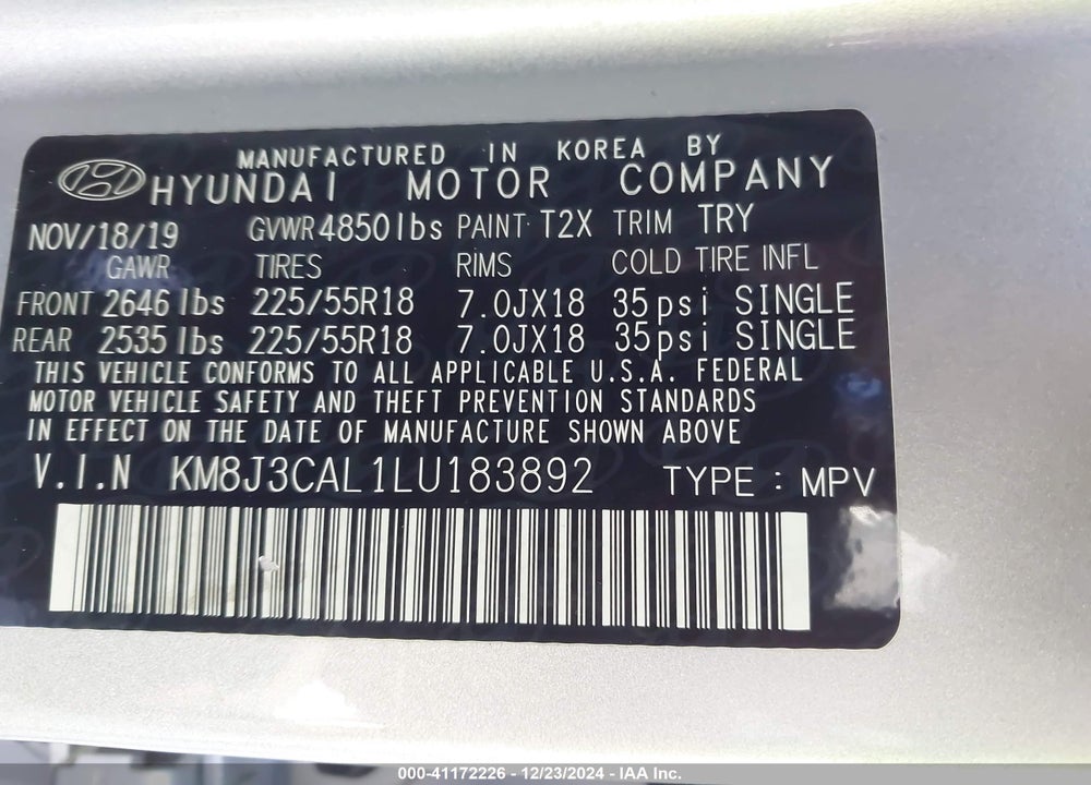 2020 HYUNDAI TUCSON LIMITED VIN: KM8J3CAL1LU183892