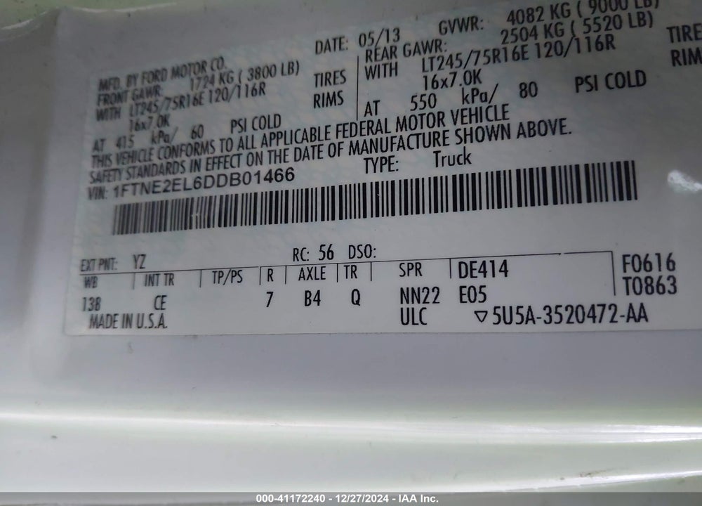 2013 FORD E-250 COMMERCIAL VIN: 1FTNE2EL6DDB01466