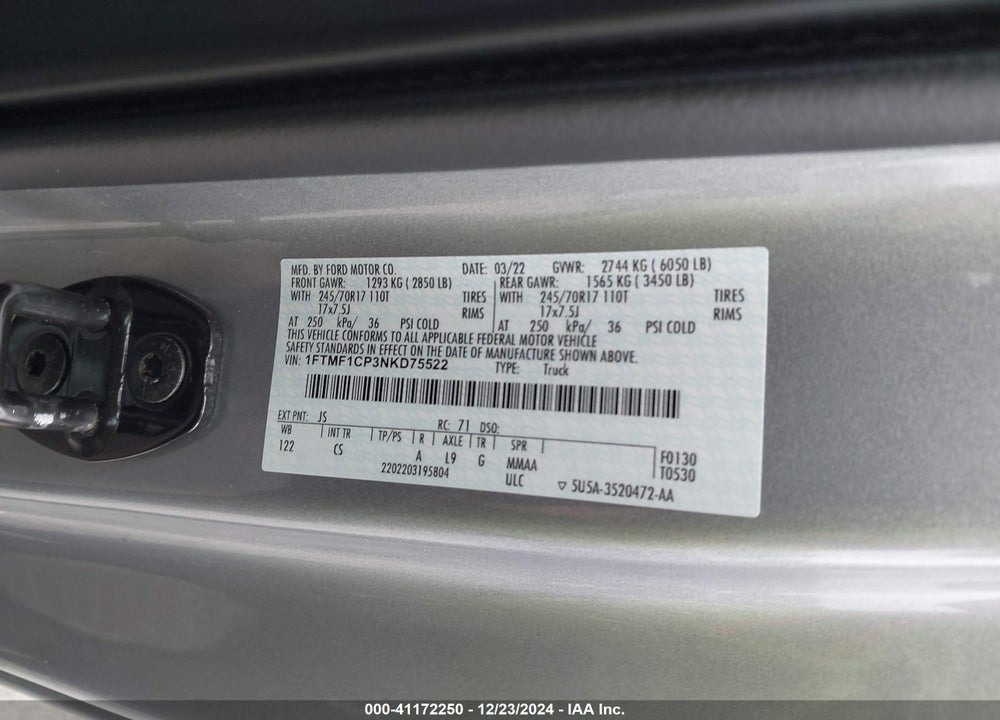 2022 FORD F150 VIN: 1FTMF1CP3NKD75522