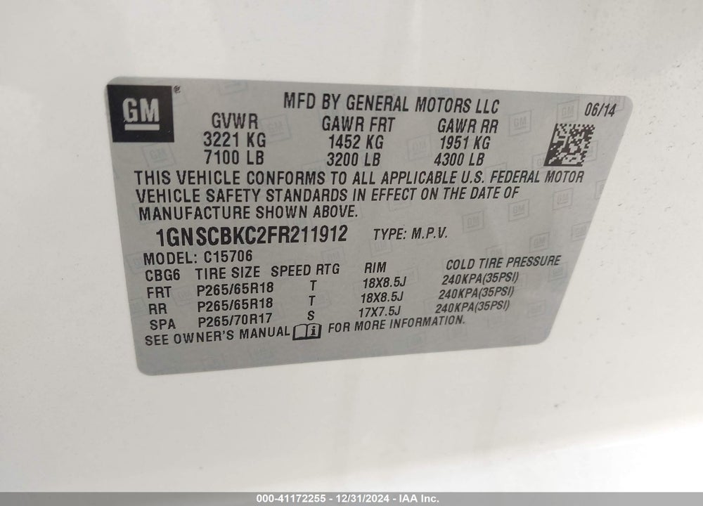 2015 CHEVROLET TAHOE LT VIN: 1GNSCBKC2FR211912
