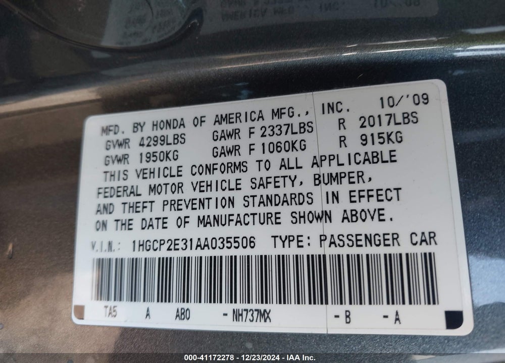 2010 HONDA ACCORD VIN: 1HGCP2E31AA035506