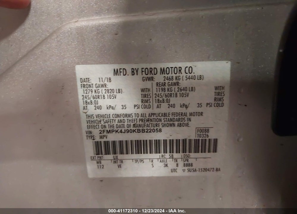 2019 FORD EDGE SEL VIN: 2FMPK4J90KBB22058