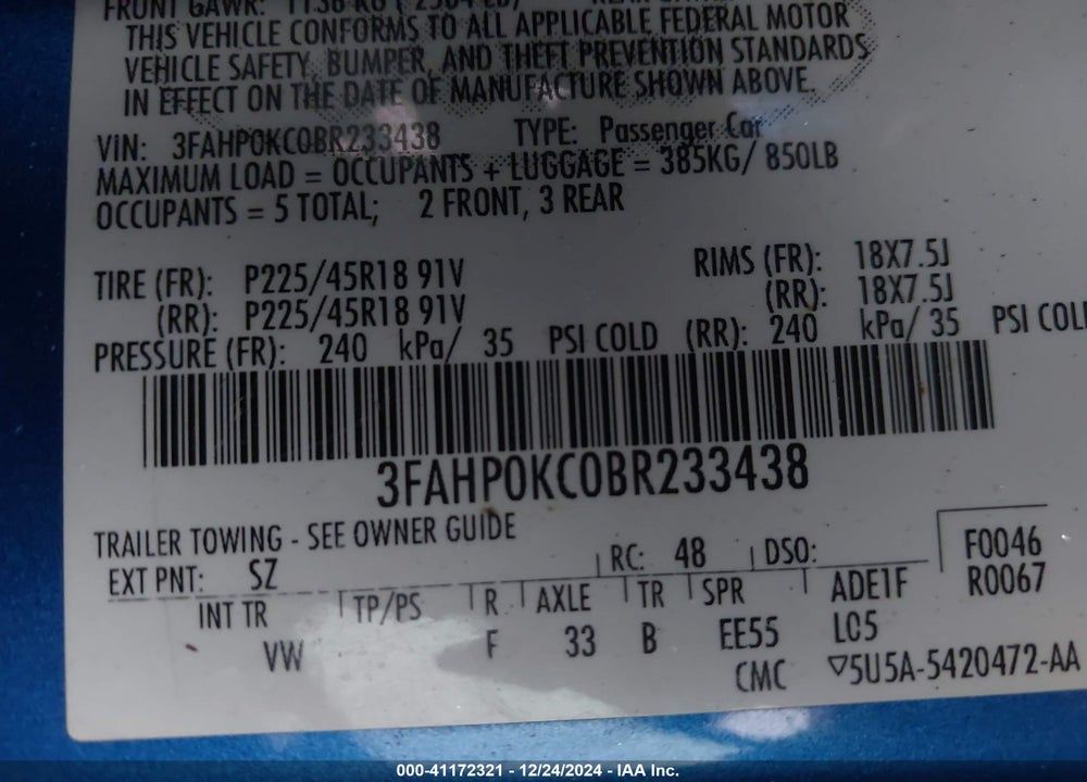 2011 FORD FUSION SPORT VIN: 3FAHP0KC0BR233438