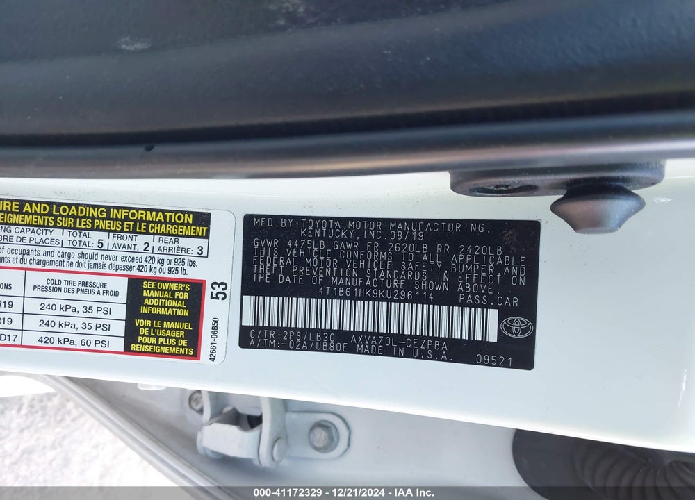 2019 TOYOTA CAMRY VIN: 4T1B61HK9KU296114