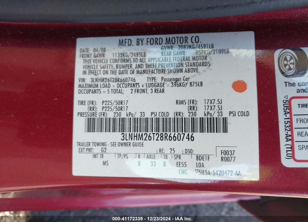 2008 LINCOLN MKZ VIN: 3LNHM26T28R660746