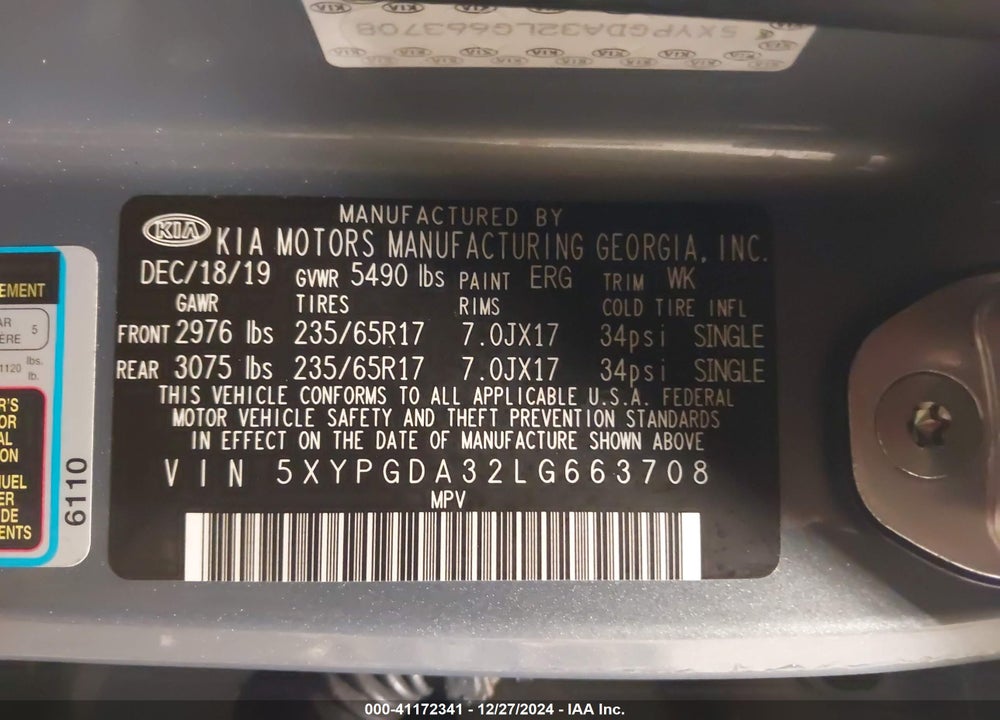 2020 KIA SORENTO 2.4L LX VIN: 5XYPGDA32LG663708