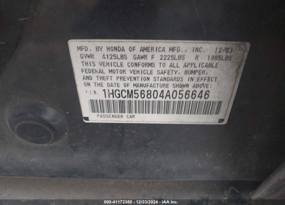 2004 HONDA ACCORD 2.4 EX VIN: 1HGCM56804A056646