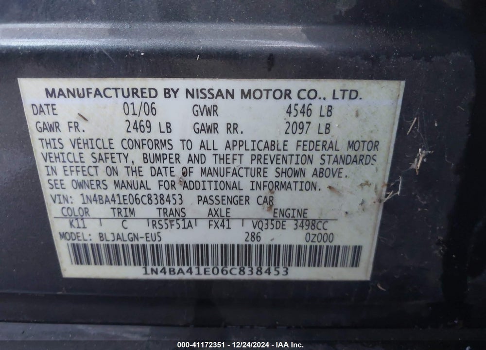 2006 NISSAN MAXIMA 3.5 SL VIN: 1N4BA41E06C838453