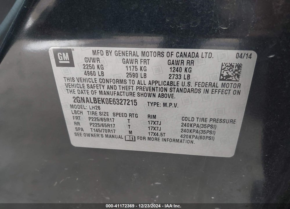 2014 CHEVROLET EQUINOX 1LT VIN: 2GNALBEK0E6327215