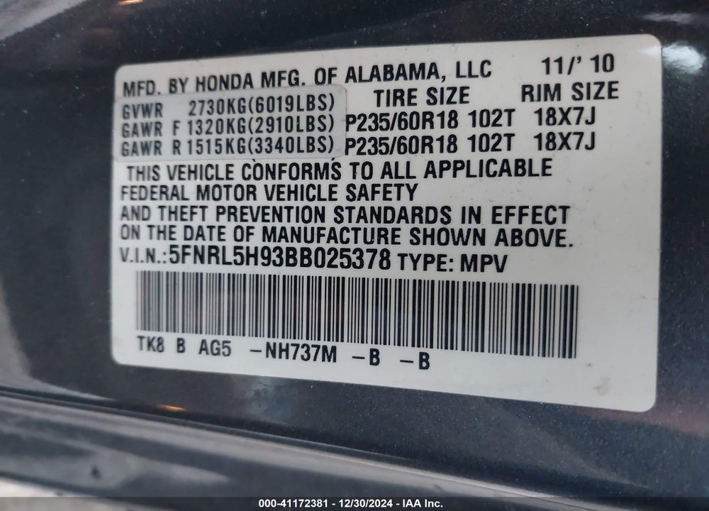 2011 HONDA ODYSSEY TOURING/TOURING ELITE VIN: 5FNRL5H93BB025378