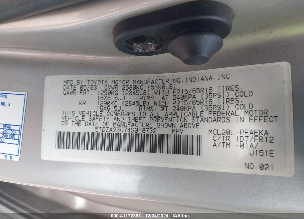 2004 TOYOTA SIENNA LE VIN: 5TDZA23C74S018732