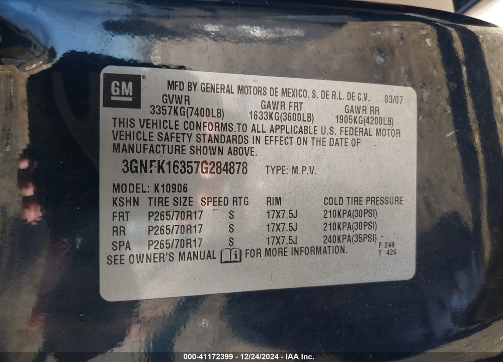 2007 CHEVROLET SUBURBAN 1500 LT VIN: 3GNFK16357G284878