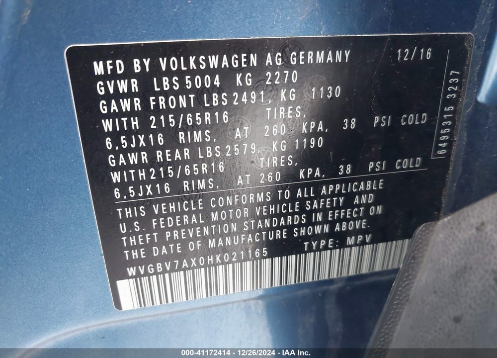 2017 VOLKSWAGEN TIGUAN 2.0T/2.0T S VIN: WVGBV7AX0HK021165