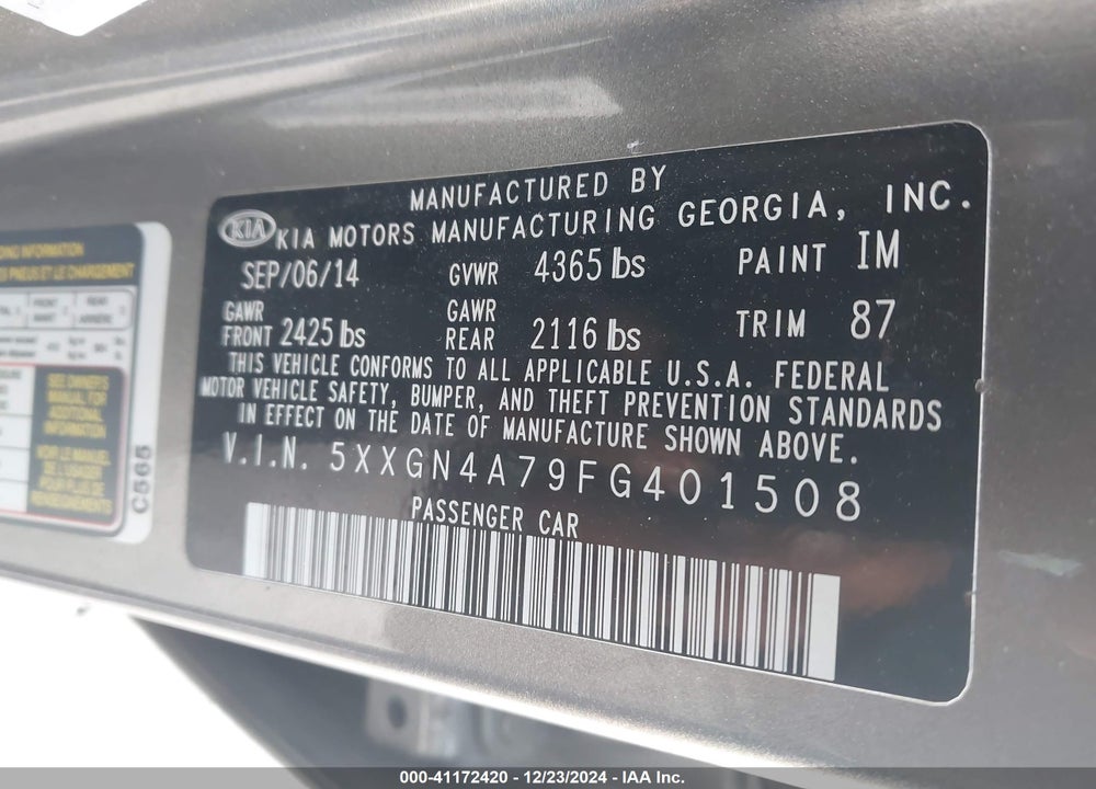 2015 KIA OPTIMA VIN: 5XXGN4A79FG401508